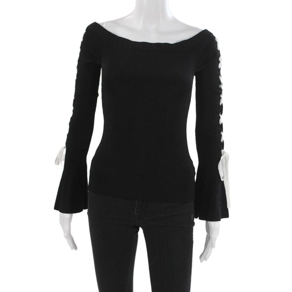 Scripted Womens Off Shoulder Lace Up Black Rayon Long Sleeve Blouse Size XS